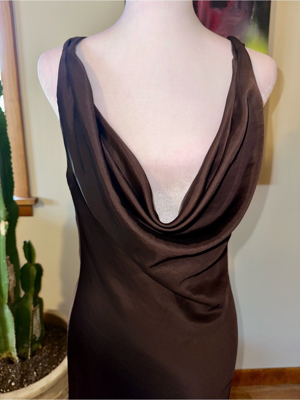Zara Satin Cowl Maxi Dress in Dark Brown - Picture 2 of 8